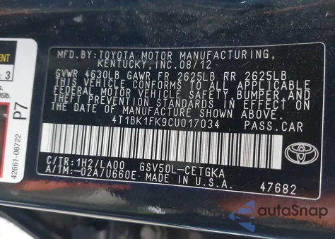 2012 Toyota Camry Xle V6 z USA, uszkodzony, nr VIN 4T1BK1FK9CU017034